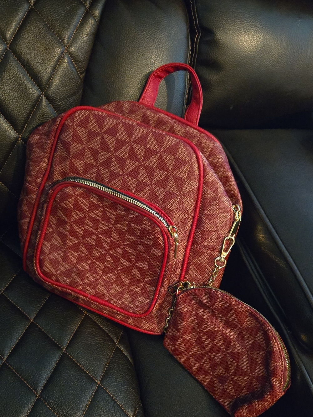 Red Patterned Mini Backpack with Coin Pouch - Women Bags